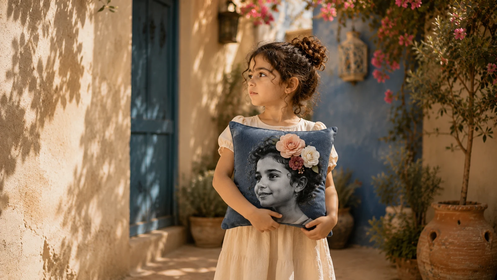 Petite fille tenant son coussin Melo Pillow personnalisé dans une ruelle ensoleillée