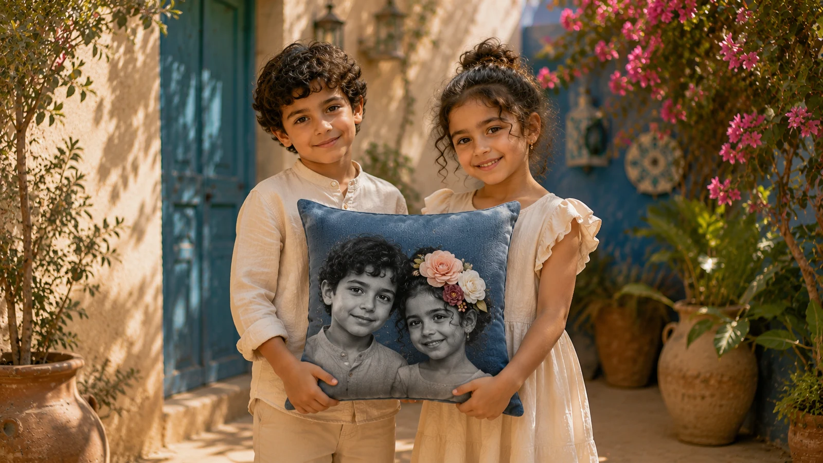 Frère et sœur tenant ensemble leur coussin Melo Pillow