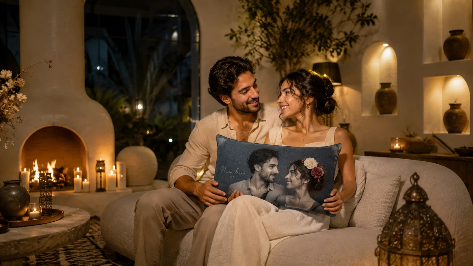 Couple sur un canapé avec leur coussin Melo Pillow rectangulaire