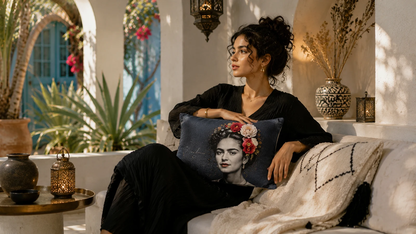 Coussin Collection Frida dans un patio de Sidi Bou Saïd