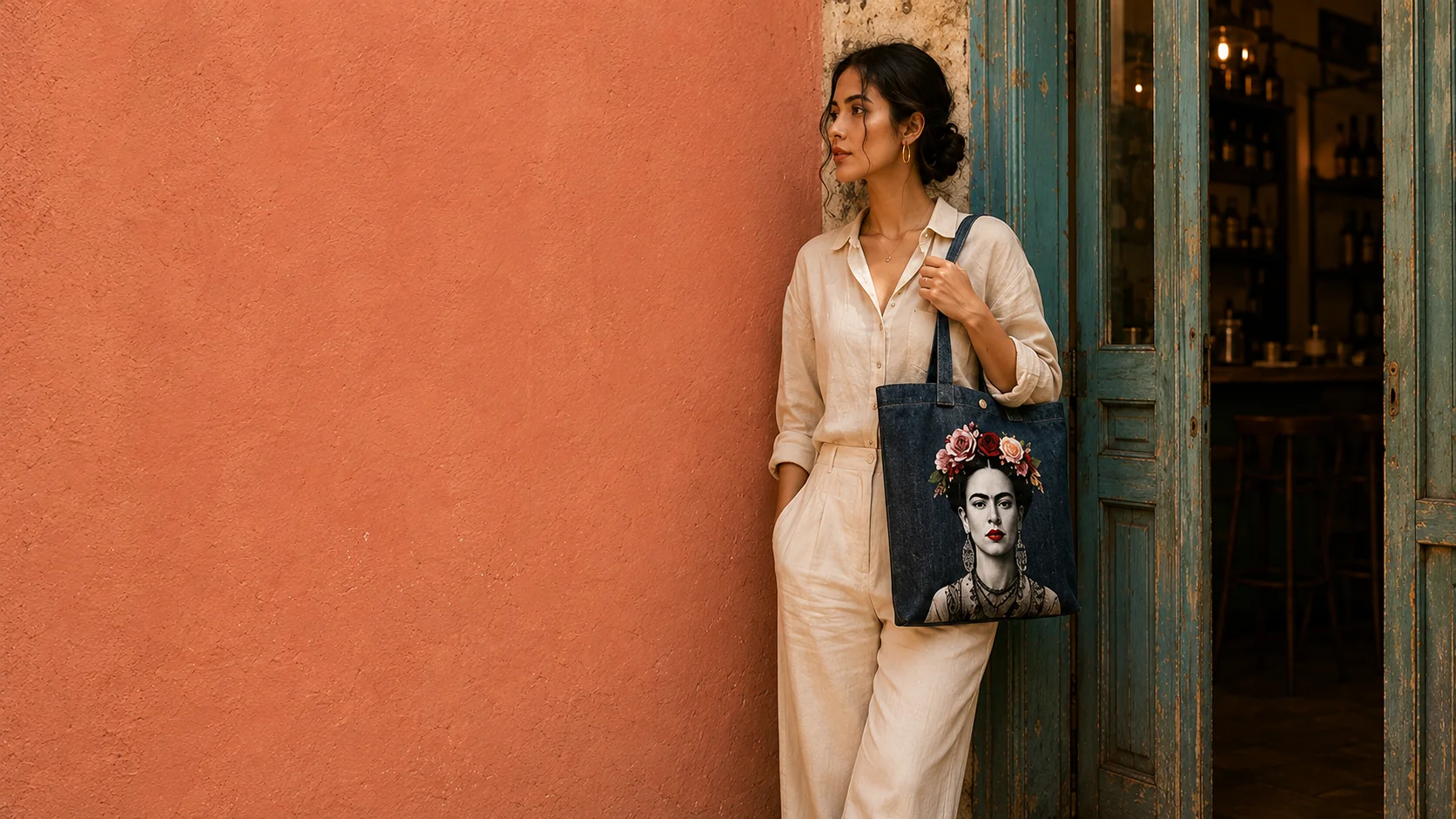 A woman seated against a pale stone wall, a Frida tote resting beside her