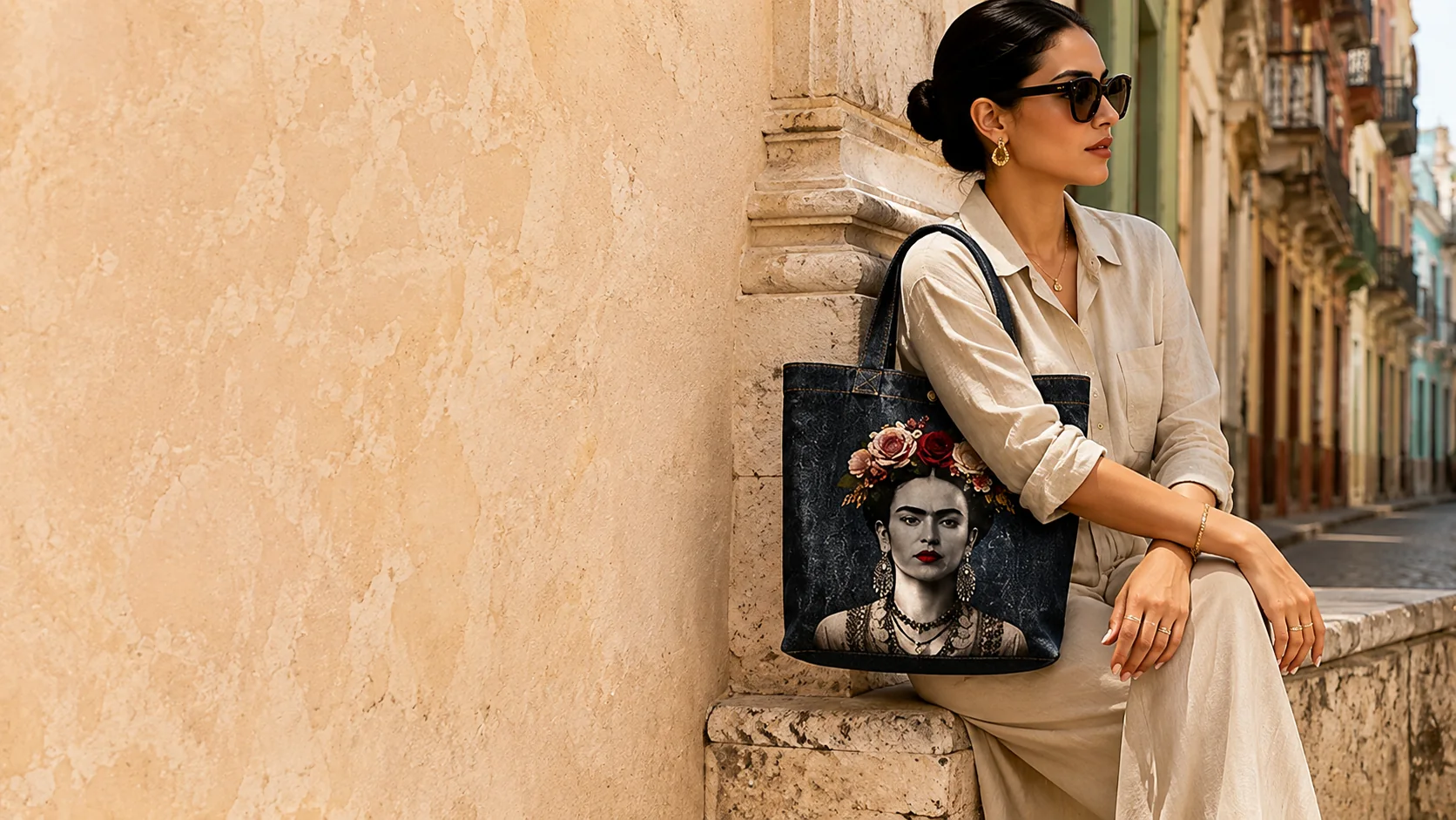 A woman in cream linen against a terracotta wall, a Frida tote on her shoulder
