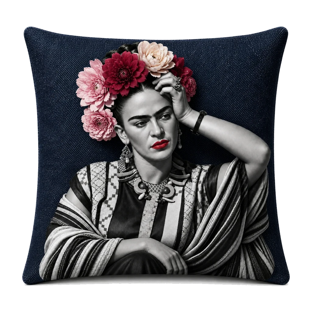Frida portrait cushion, hand in her hair, pink and red dahlias