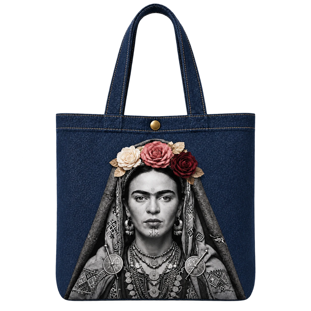 Indigo denim tote, Frida portrait in an Amazigh veil, crown of rose and cream