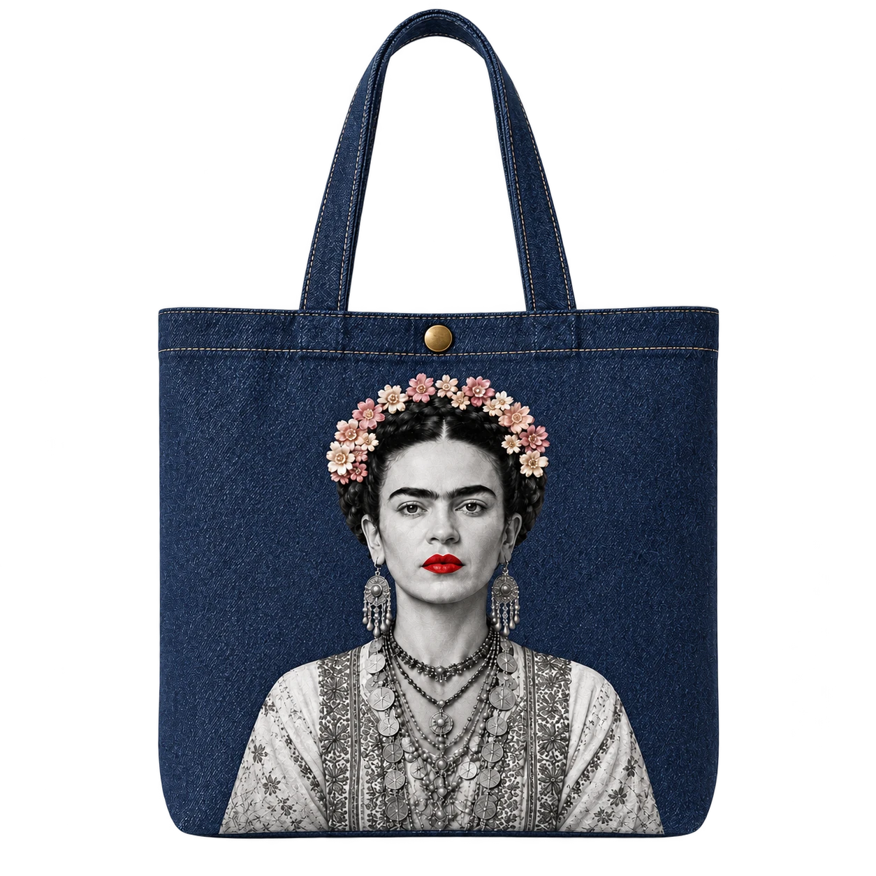 Indigo denim tote, Frida portrait with a crown of pale pink blooms