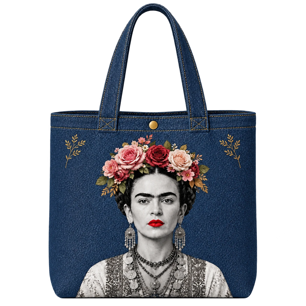 Indigo denim tote, Frida portrait with a flowered crown and gilded sprigs