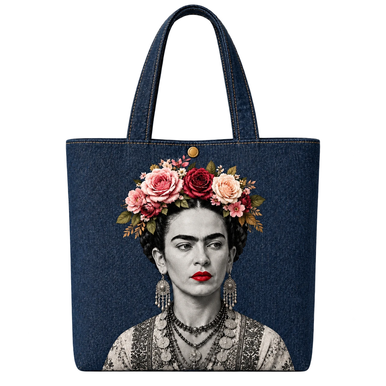 Indigo denim tote, Frida portrait beneath a full crown of peonies and roses