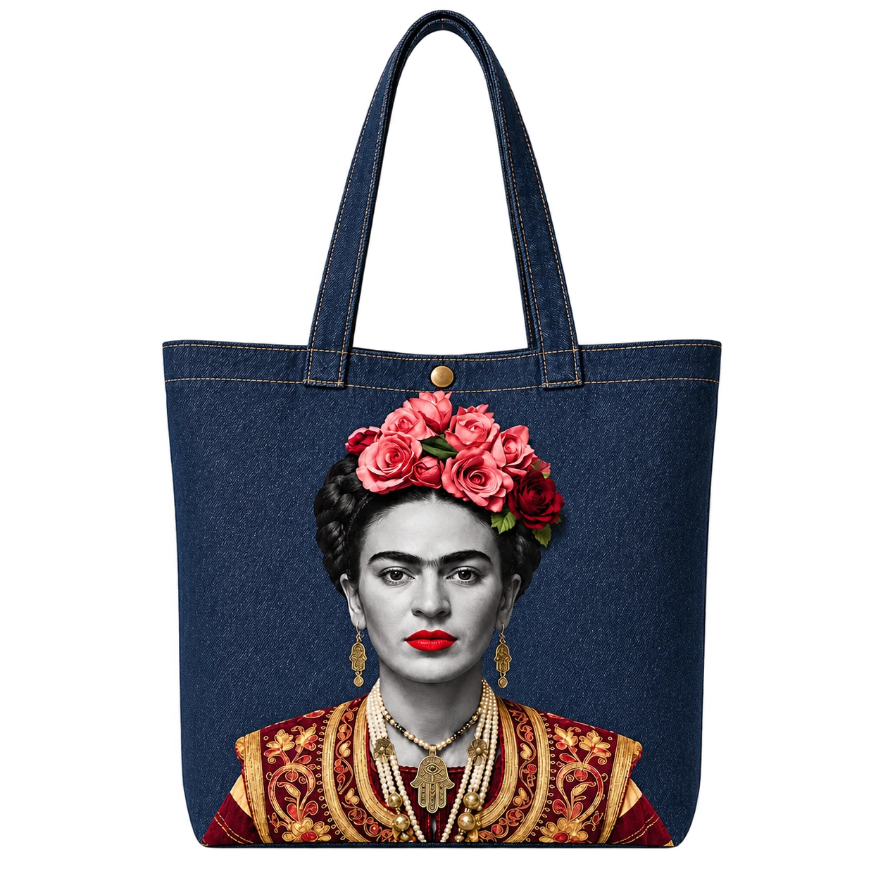 Indigo denim tote, Frida portrait in a red and gold bodice with a khamsa pendant