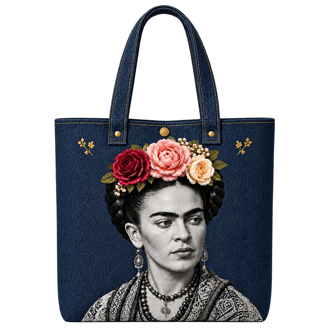 Indigo denim tote, Frida portrait with a blush peony and burgundy and cream roses