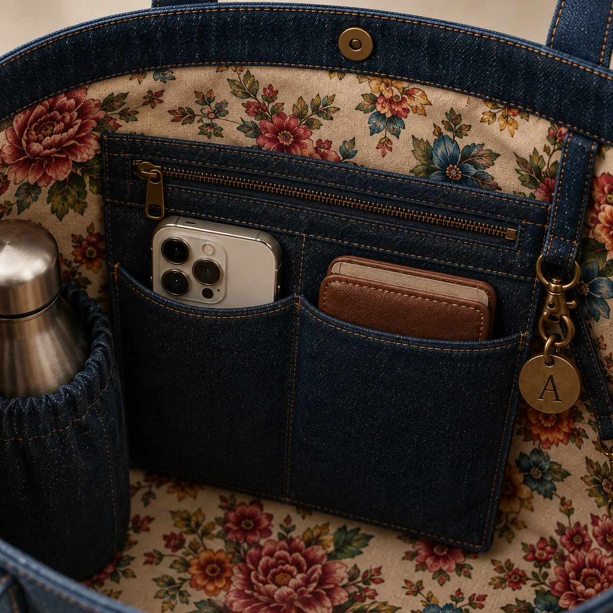 Premium floral lining and a zipped pocket with an antique-brass pull