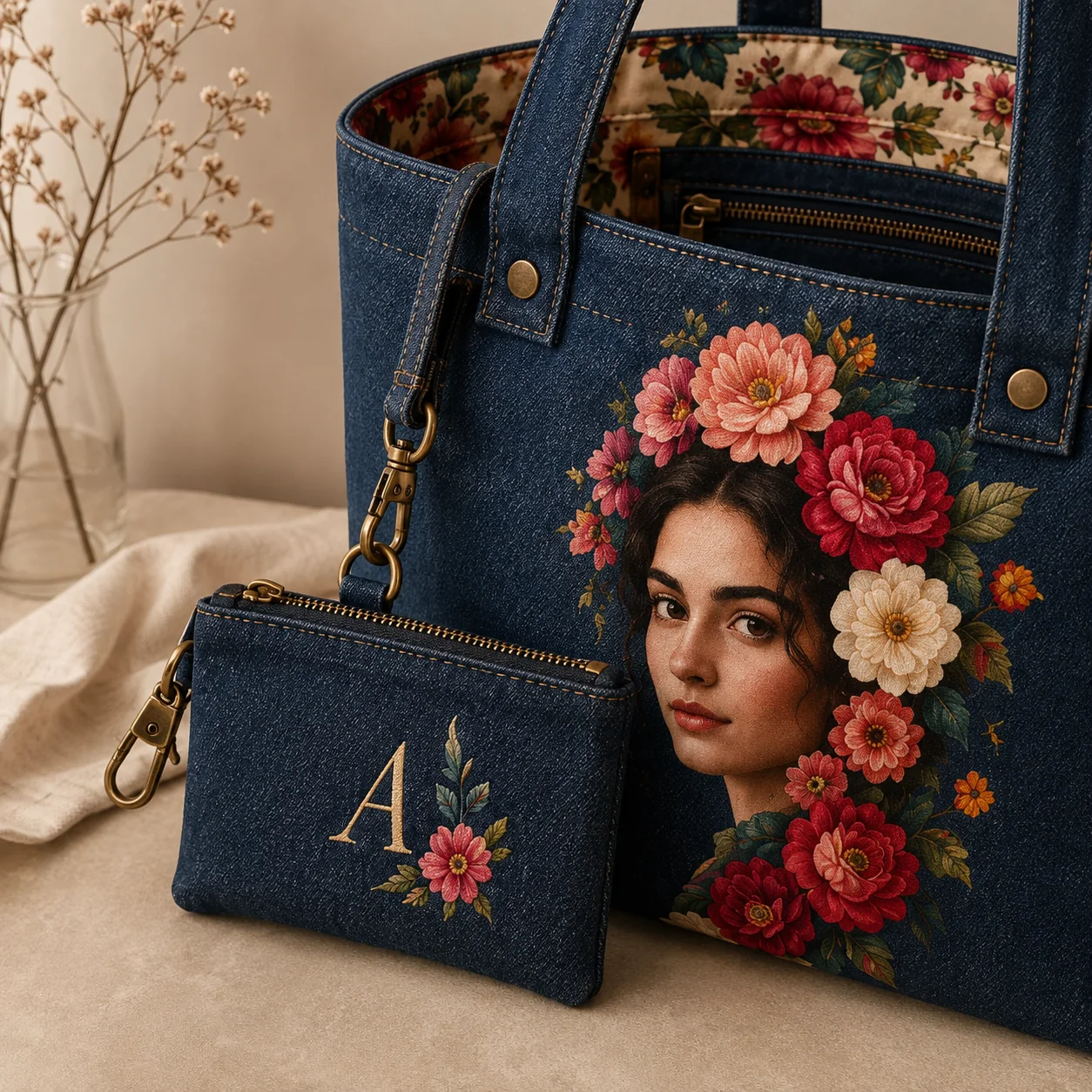 Inside the tote: denim pockets, elasticated bottle holder, brass key leash