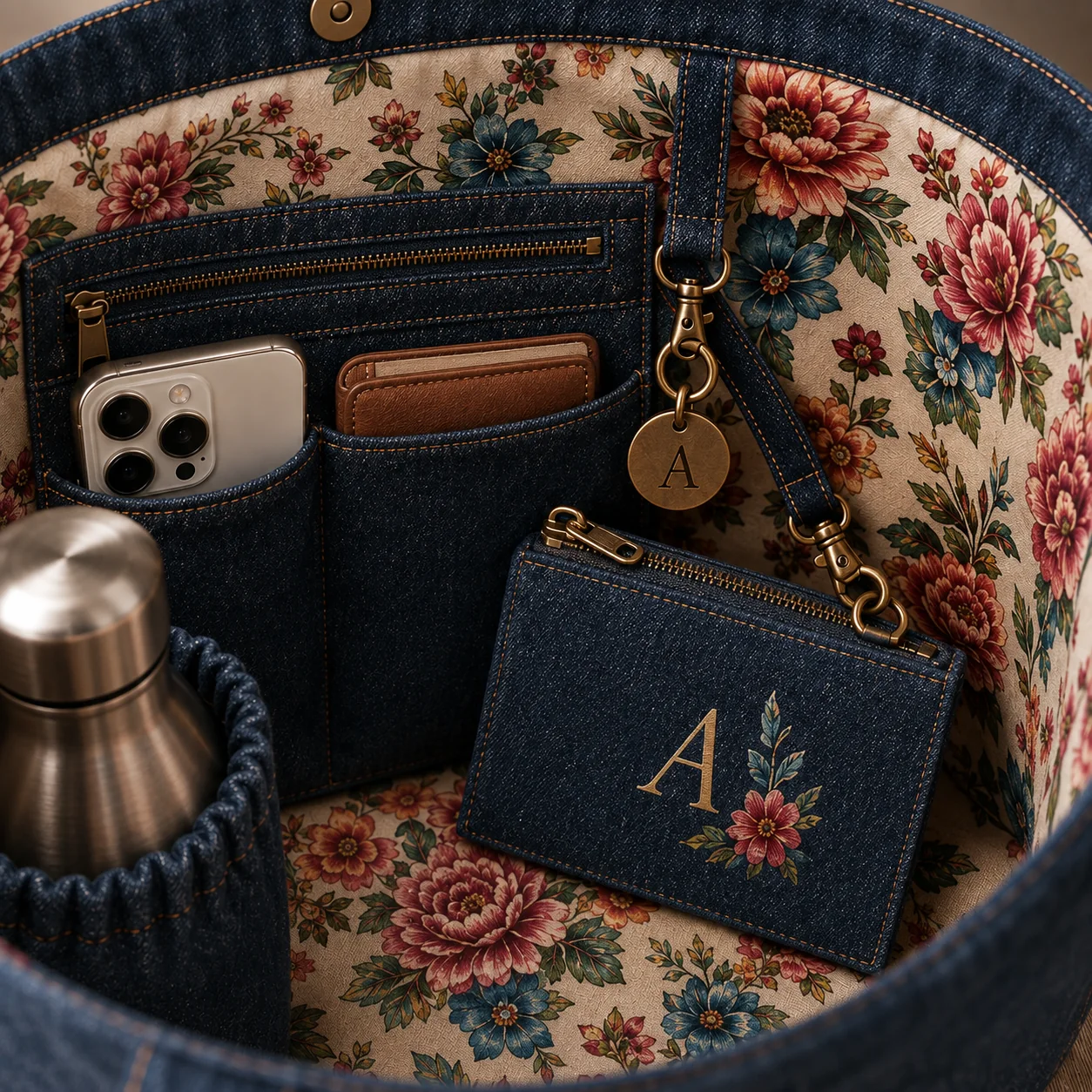 The matching detachable denim pouch on the floral lining