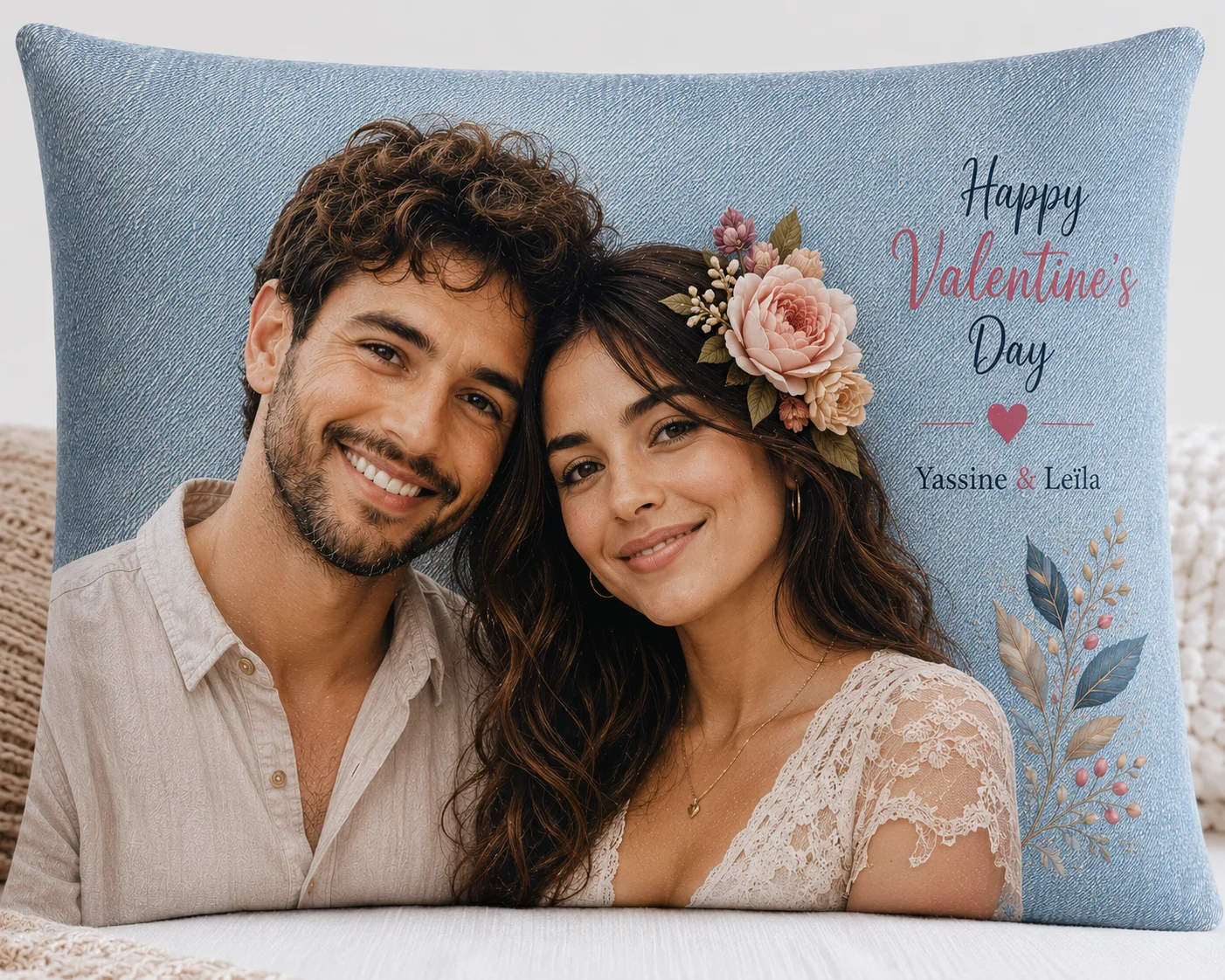 Coussin rectangulaire personnalisé couple, denim clair