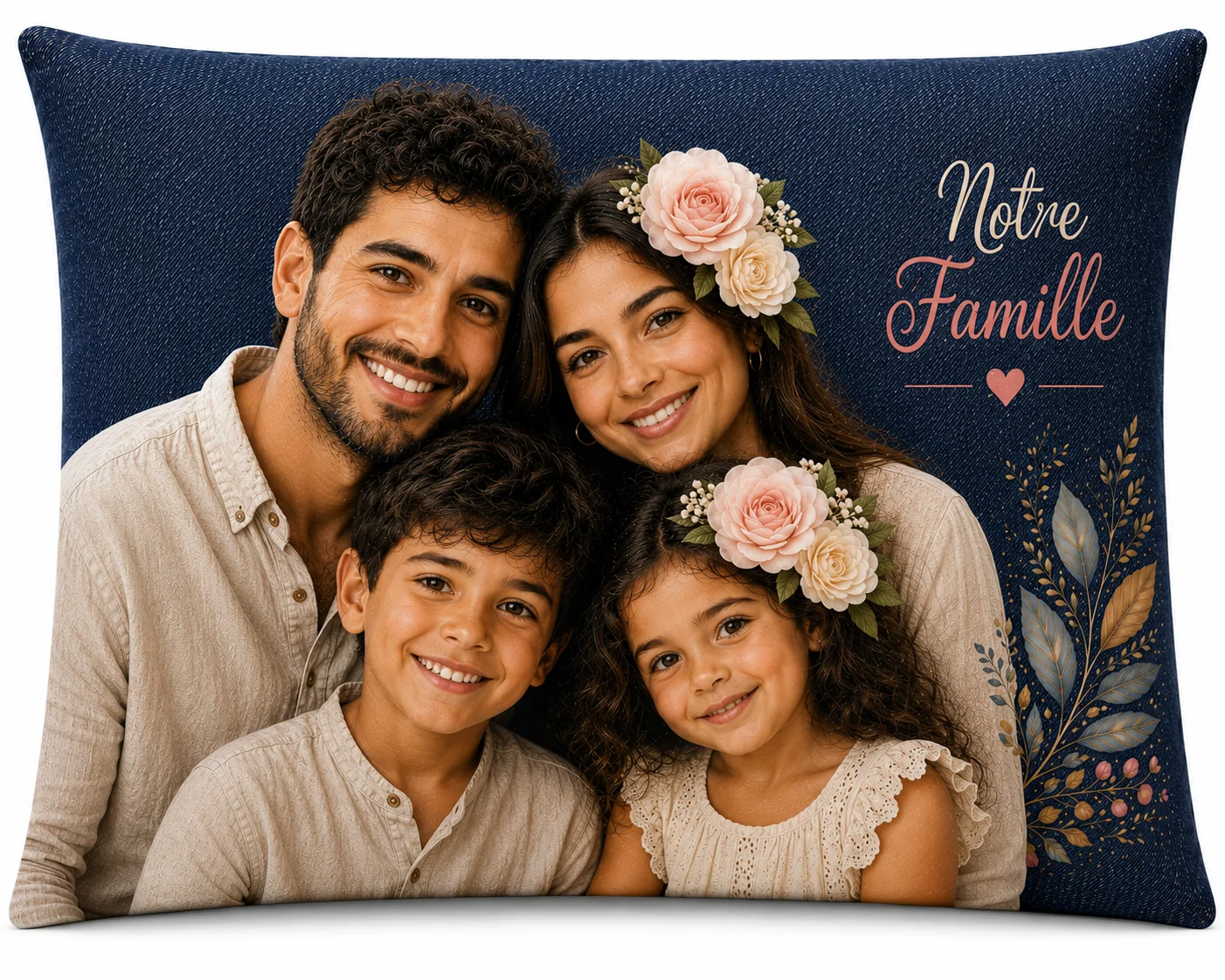 Coussin rectangulaire personnalisé famille, denim navy