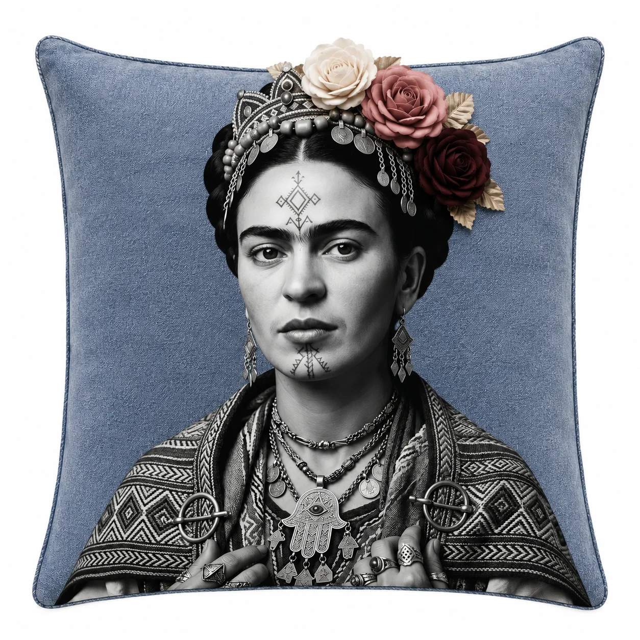Coussin carré Collection Frida, parure berbère et roses en relief