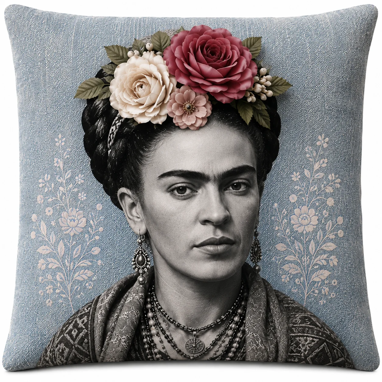 Coussin carré Collection Frida, denim clair et motifs floraux