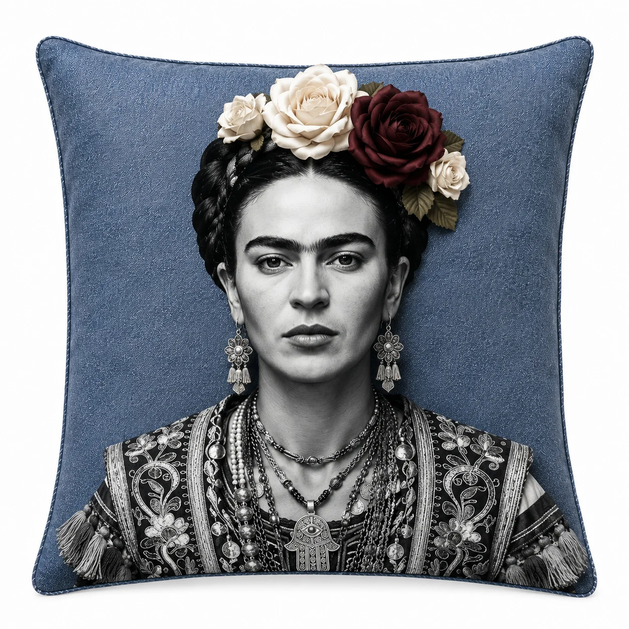 Coussin carré Collection Frida, denim moyen, roses en relief