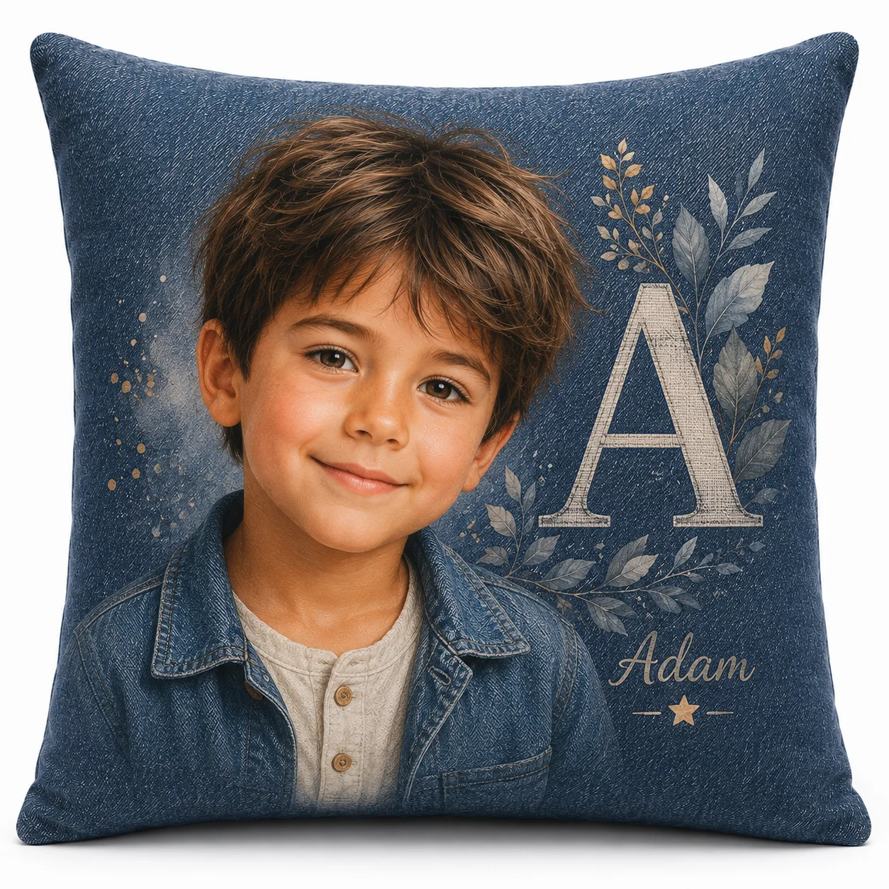 Coussin carré Melo Original, portrait de garçon, denim moyen, initiale et prénom