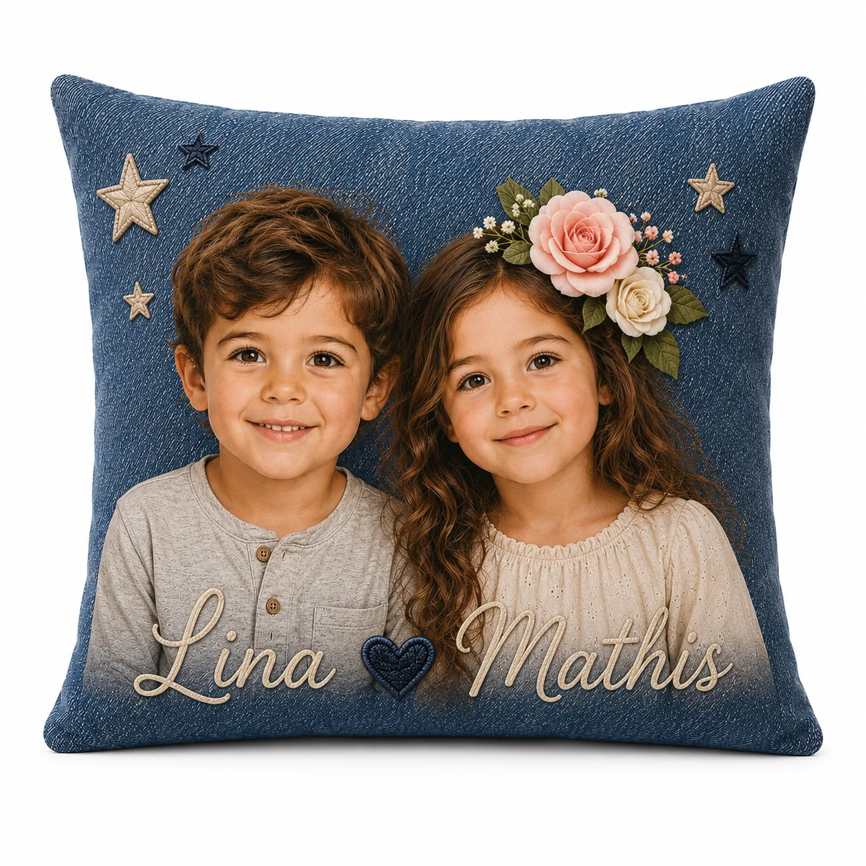 Coussin carré frère et sœur, denim moyen, fleurs en soie et étoiles en relief