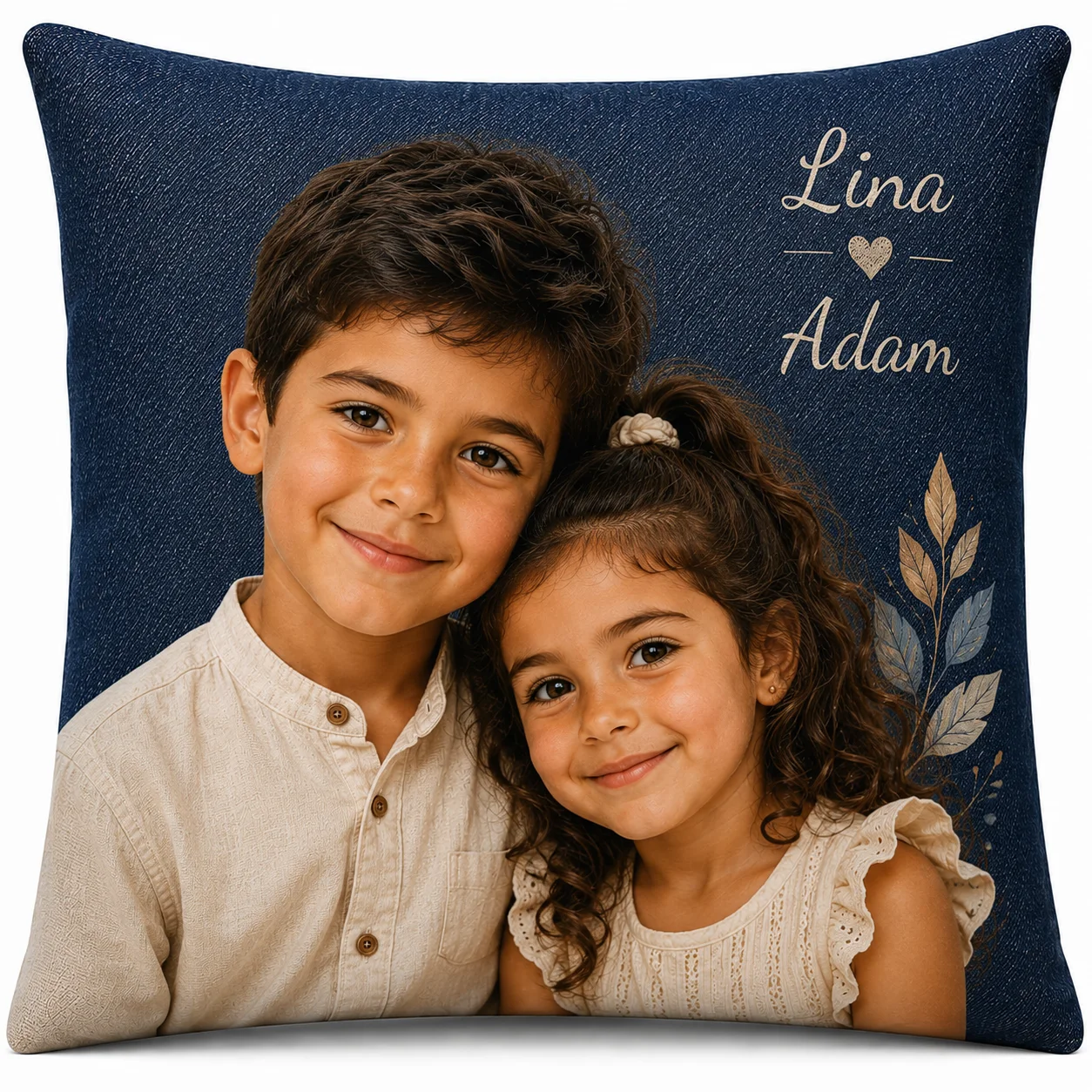 Coussin carré frère et sœur, denim navy, prénoms et feuillage