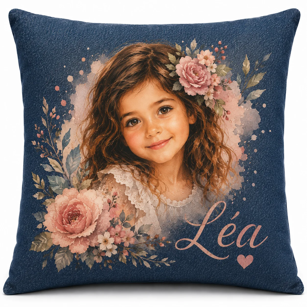 Coussin carré Melo Art, denim navy, portrait peint et couronne florale