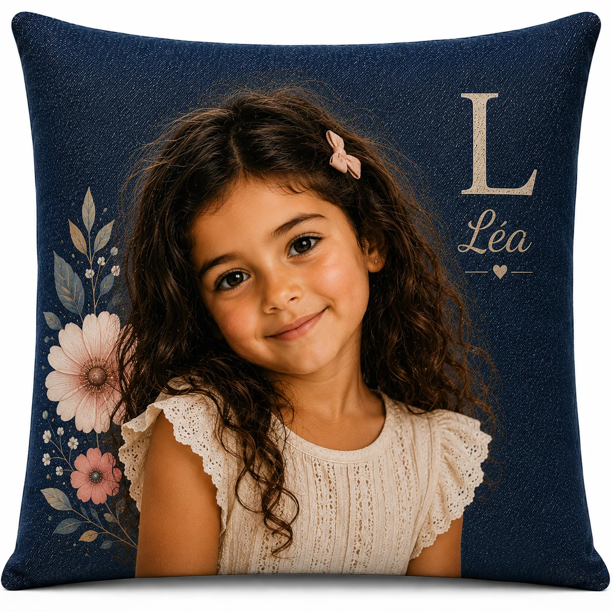 Coussin carré personnalisé portrait de fille, denim navy, motifs floraux