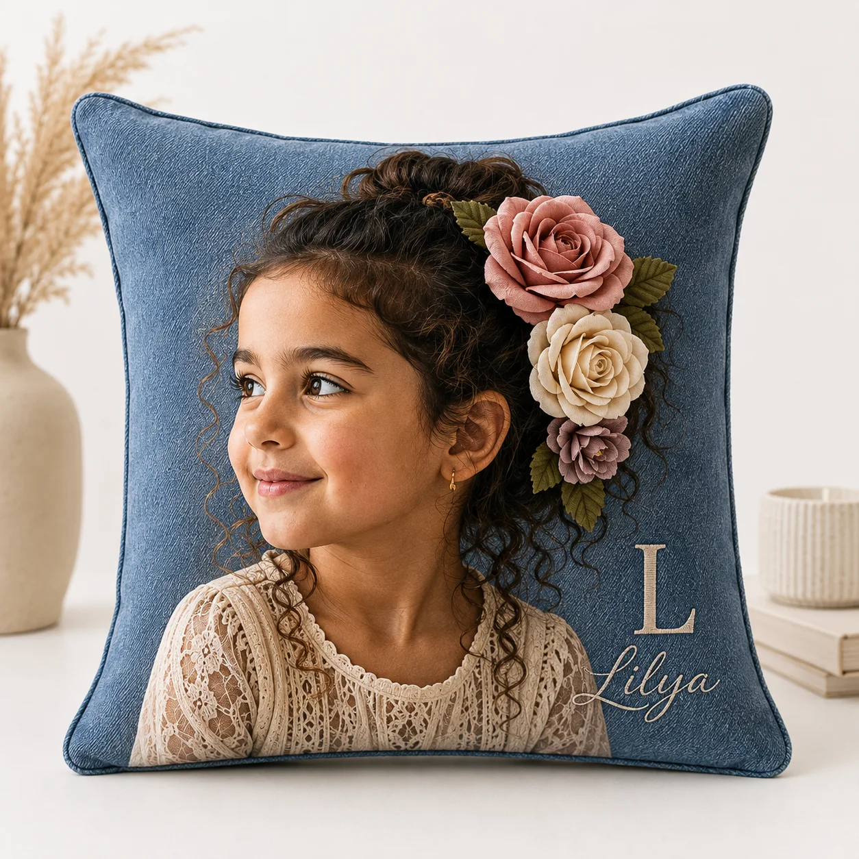 Coussin carré personnalisé, denim moyen, roses en soie posées à la main, initiale et prénom