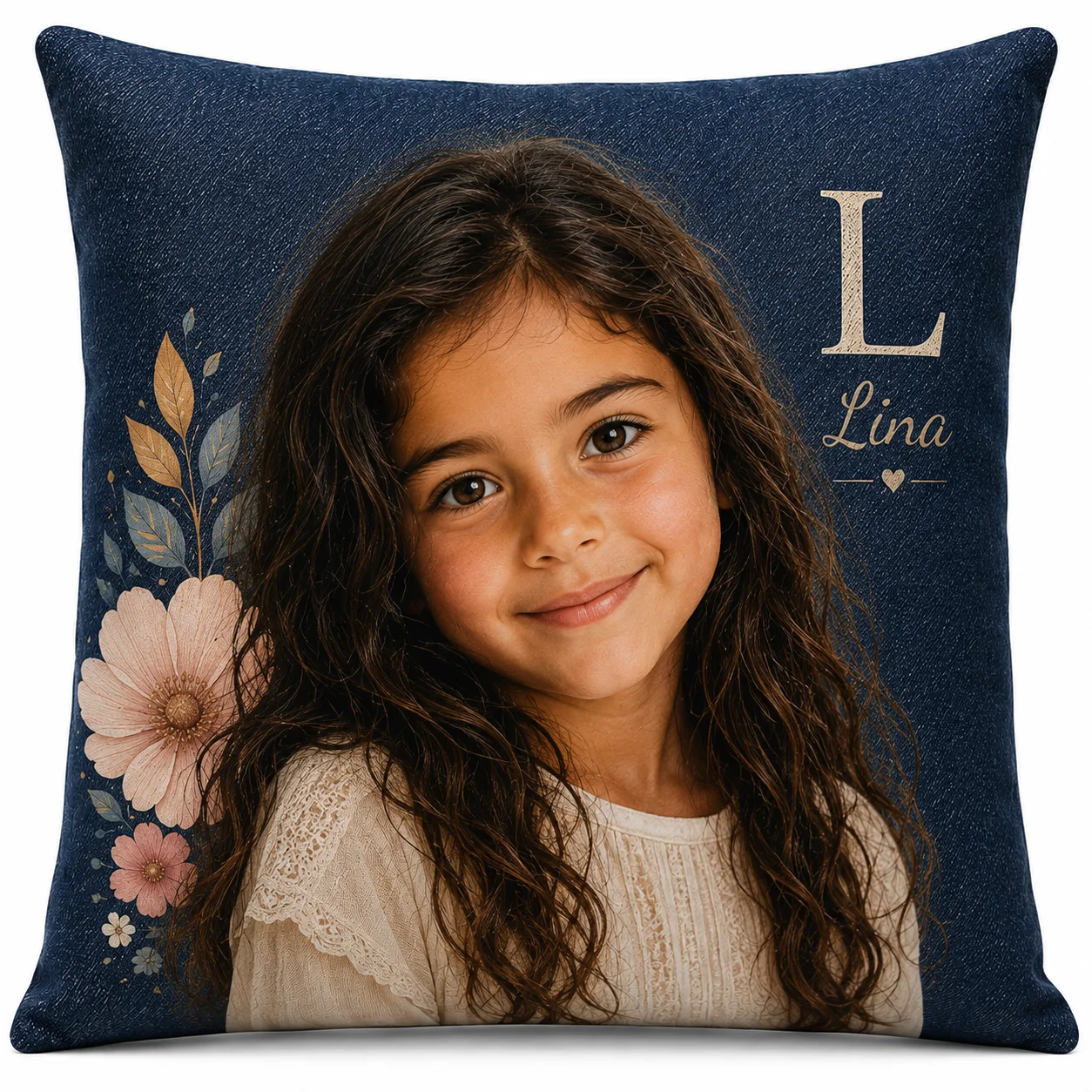 Coussin carré personnalisé portrait de fille, denim navy, initiale et prénom