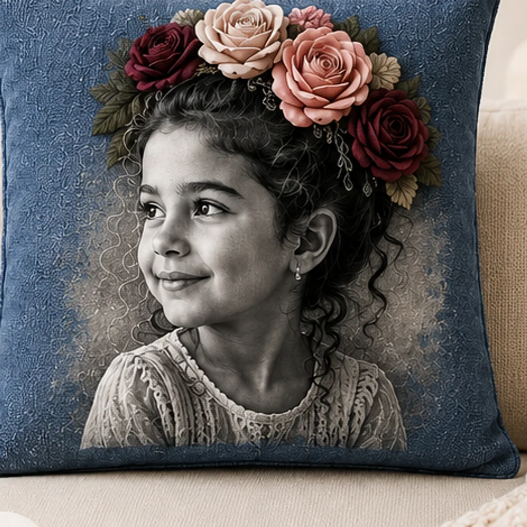 Le coussin Melo Pillow terminé, roses en soie posées à la main